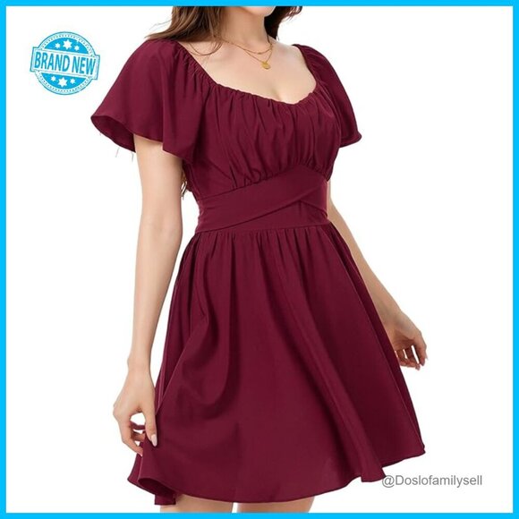 Dresses & Skirts - Square Neck Wrap Dress Ruffle Puff Sleeve Tie Back Mini Cottagecore Style